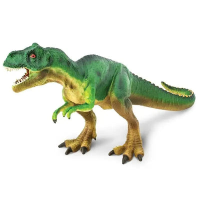 Detailed green Tyrannosaurus Rex dinosaur toy with textured skin, sharp teeth, and a dynamic pose.