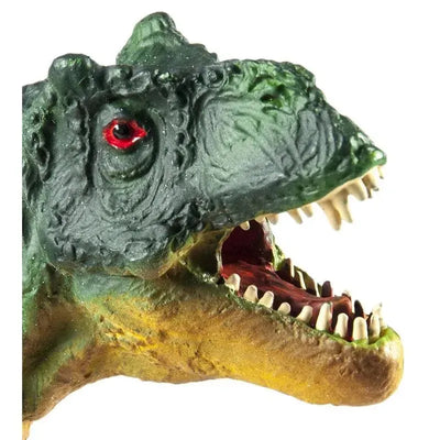 Detailed model of a Tyrannosaurus Rex dinosaur head, featuring a green textured surface and pronounced teeth, with red eyes.