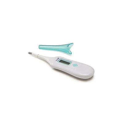 3-in-1 nursery thermometer in white with a digital display, accompanied by a clear protective cover.
