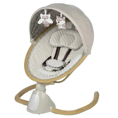 Bluetooth baby swing with a soft padded seat, canopy, and two hanging toys in a neutral color scheme.