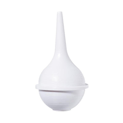 White bulb syringe designed for baby care, featuring a tapered nozzle and ribbed texture for grip.