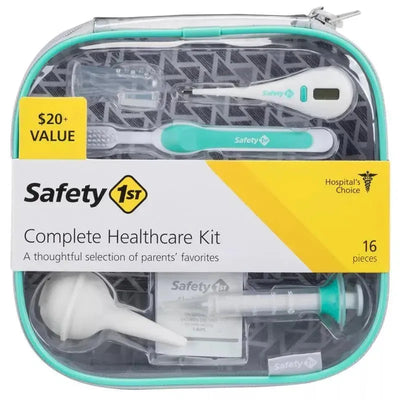 Safety 1st Complete Healthcare Kit in Pyramid Aqua, containing 16 essential healthcare tools for infants, including a thermometer, syringe, and bulb aspirator.