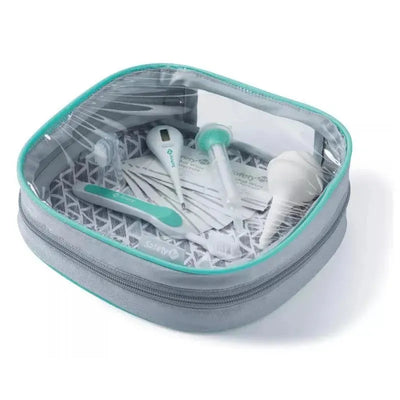 Complete Healthcare Kit by Safety 1st in Pyramid Aqua includes thermometers, syringes, and a bulb syringe in a clear pouch.
