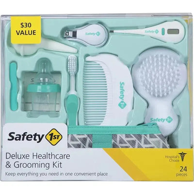 Deluxe Healthcare & Grooming Kit by Safety 1st includes 24 essential baby care items, with turquoise and white tools in a clear packaging.