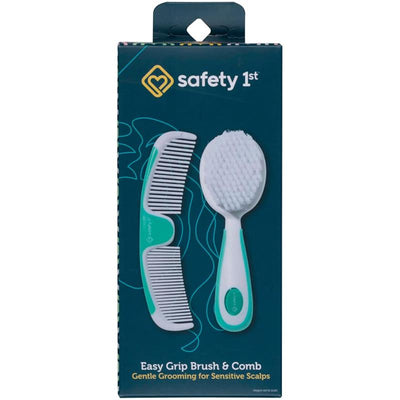 Easy Grip Brush and Comb set from Safety 1st, featuring a gentle brush and comb for sensitive scalps, packaged with colorful design.