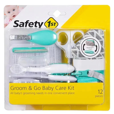 Groom & Go Baby Care Kit by Safety 1st includes a nail clipper, scissors, toothbrush, and case, featuring 12 essential grooming tools.