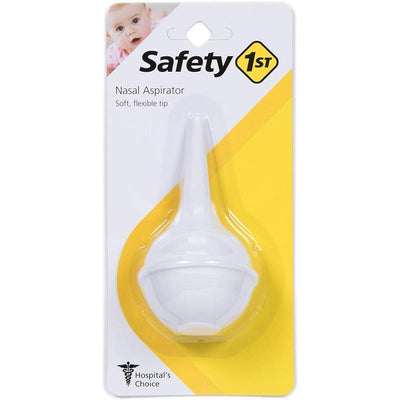 Newborn nasal aspirator by Safety 1st, featuring a soft, flexible tip, displayed on packaging with a yellow design.