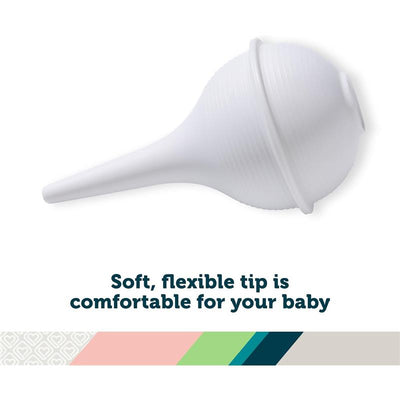White newborn nasal aspirator with a soft, flexible tip for comfort, accompanied by text emphasizing its gentle design.