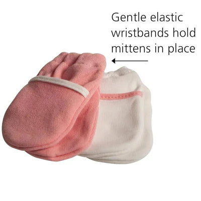 Pink and white no-scratch mittens with elastic wristbands for keeping them securely in place.