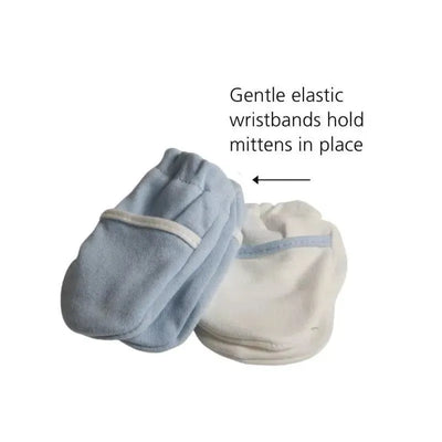 Blue and white no-scratch mittens with elastic wristbands, designed to keep babies from scratching themselves.