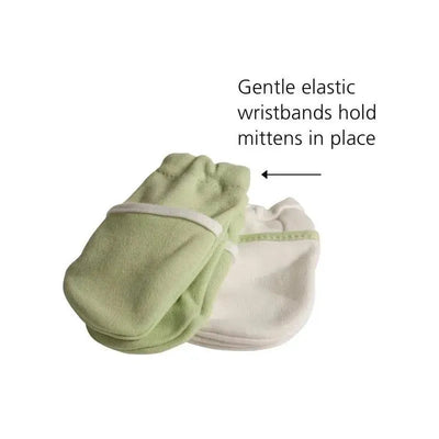 Green and white Safety 1st no-scratch mittens with elastic wristbands to keep them in place.