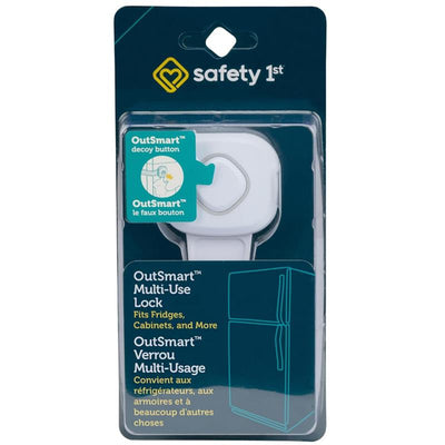 OutSmart Multi-Use Lock by Safety 1st in white, designed for securing fridges and cabinets, features a decoy button.
