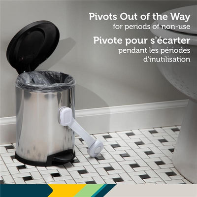 White Safety 1st OutSmart Multi-Use Lock on a shiny silver trash can with a white foot pedal and a plastic liner.