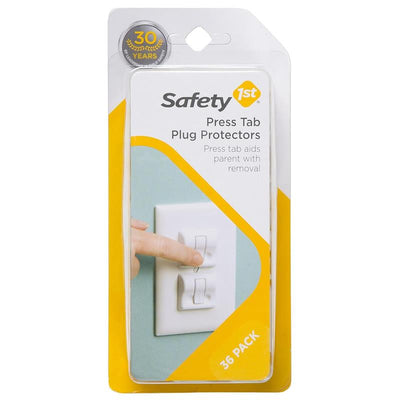Safety 1St Press Tab Plug Protectors 36Pk in packaging; shows finger pressing a tab on a protective plug.