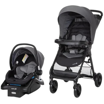 Safety 1St Smooth Ride Stroller Travel System in Monument color, featuring a stroller and infant car seat, both in black and gray.