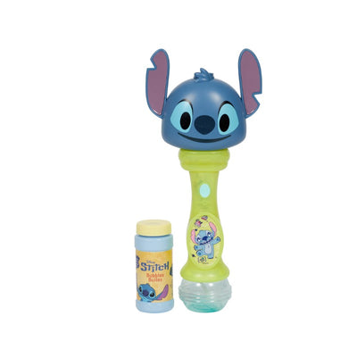 Disney Stitch lights and sound musical bubble wand with Stitch character head and bubble solution bottle.