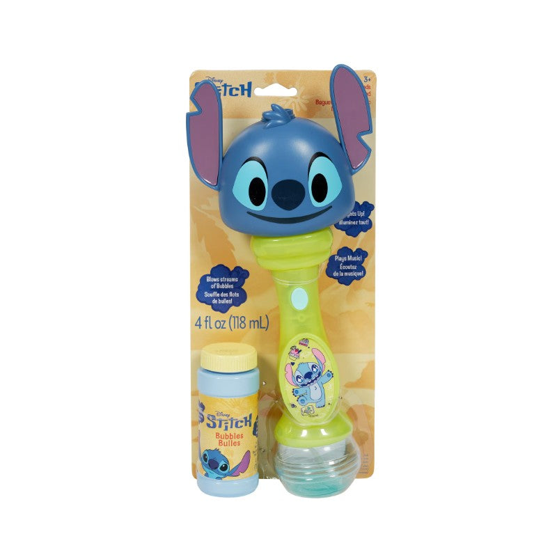 Sandy Ruben Disney Stitch musical bubble wand with blue Stitch head, bubble solution bottle, and instructions.