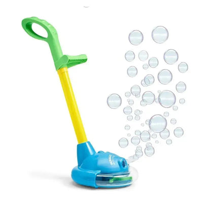 Motorized bubble weed wacker in blue and green, producing bubbles. Designed for young children’s outdoor play.