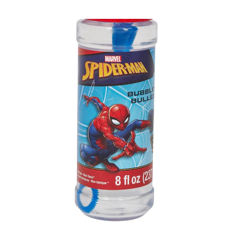Spider-Man musical bubble wand with an 8 oz bubble solution, featuring a vibrant Spider-Man design on the bottle.