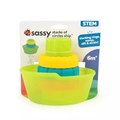 Sassy Stacks of Circles Ship toy with colorful stacking rings and a green bowl, labeled for children 6 months and older.