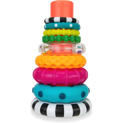 Colorful stacking rings in various textures and patterns, designed for play and sensory development in children.