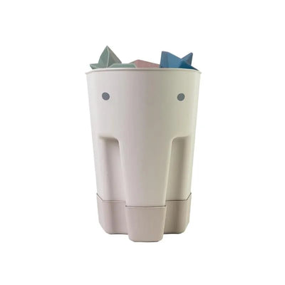 Bath toy storage scoop in taupe, shaped like an elephant, with colorful toys peeking out from the top.