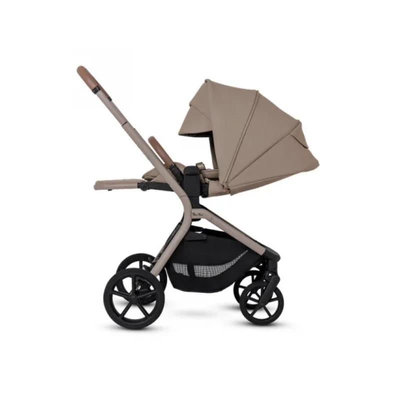 Silver Cross Breez Compact Stroller in champagne color with a folding bassinet, featuring a large canopy and storage basket.