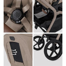 Silver Cross Breez Compact Stroller in Champagne, highlighting harness, storage compartment, and rear wheels design.