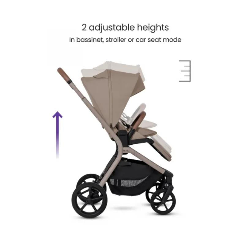 Silver Cross Breez Compact Stroller in Champagne color, featuring a folding bassinet with adjustable heights for versatile use.