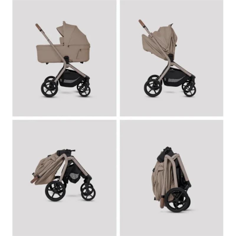 Silver Cross Breez Compact Stroller with folding bassinet in Champagne, shown in four angles, including a folded state.
