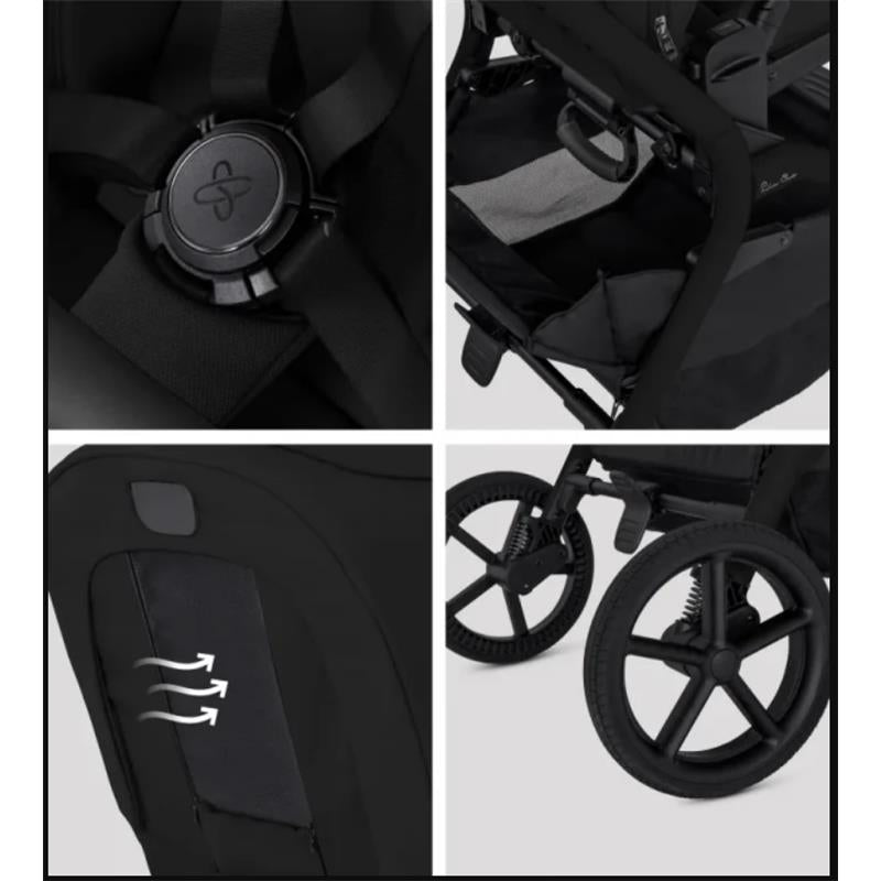 Details of the Silver Cross Breez Compact Stroller, highlighting secure harness, storage space, ventilation panel, and wheels.