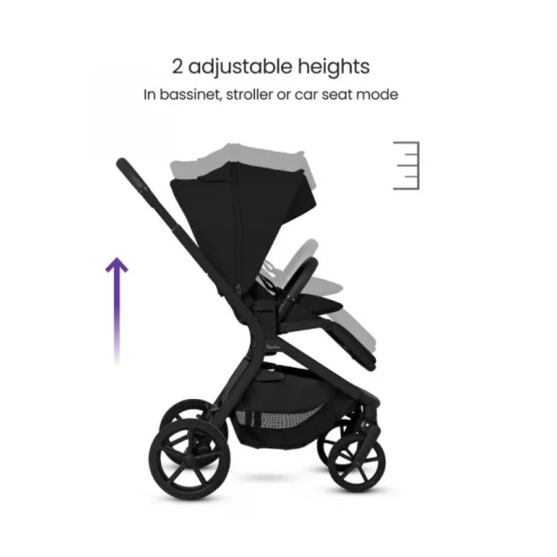 Silver Cross Breez Compact Stroller with a folding bassinet bundle in Onyx, featuring adjustable heights for bassinet, stroller, or car seat modes.