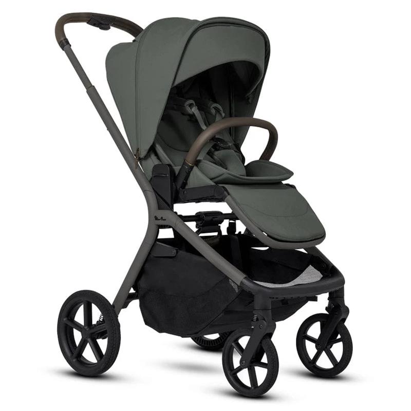 Silver Cross Breez Compact Stroller in pewter color with a folding bassinet, featuring a sleek design and adjustable seat.