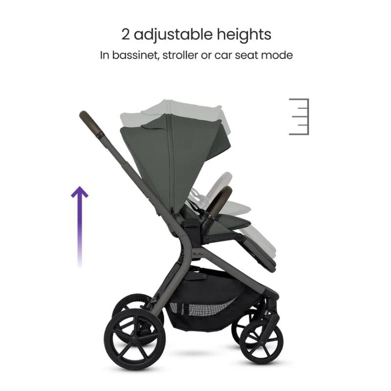 Compact Silver Cross Breez stroller and bassinet in pewter, showing adjustable height settings for versatile use.