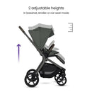Compact Silver Cross Breez stroller and bassinet in pewter, showing adjustable height settings for versatile use.