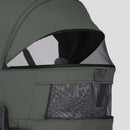 Folding bassinet in pewter color with mesh panels and a partially opened canopy for ventilation.