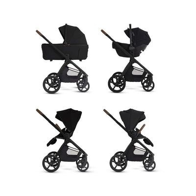 Silver Cross Cove 2 Compact Bassinet in Onyx Black shown in four different configurations, featuring a sleek design and detachable canopy.