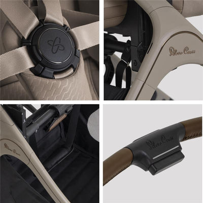 Detailed views of the Silver Cross Cove 2 stroller, highlighting its harness, frame, storage area, and handlebar design.