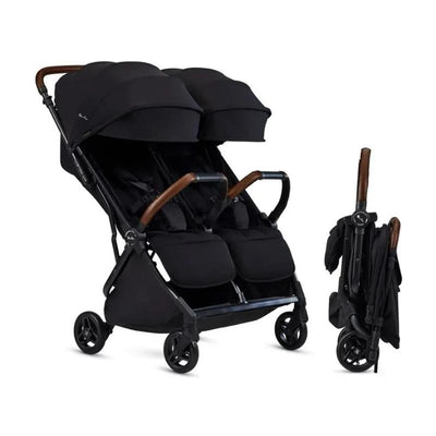 Lightweight double stroller in black with twin seats and brown handles, alongside a folded version for compact storage.
