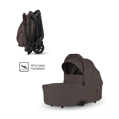 Compact folding bassinet in chocolate color with a curved hood, IATA cabin compliant, and easy to transport design.
