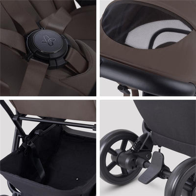 Compact travel stroller with a chocolate-colored seat, adjustable harness, underseat storage, and rear wheels shown.