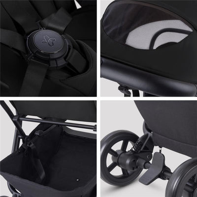 Compact travel stroller in Onyx Black showing harness details, storage basket, rear wheels, and mesh ventilation.