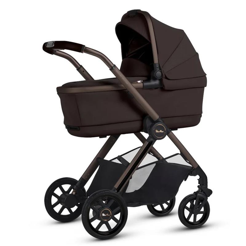 Silver Cross Reef 2 Folding Bassinet in Ganache color, featuring a sturdy frame, large wheels, and a retractable canopy.