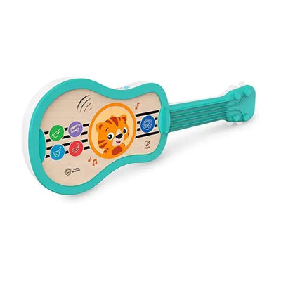 Wooden musical ukulele for children featuring a tiger design and colorful buttons for interactive play.
