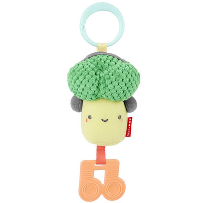 3-in-1 Baby Activity & Teether Stroller Toy featuring a broccoli-shaped character with a smiling face and a musical note teether.