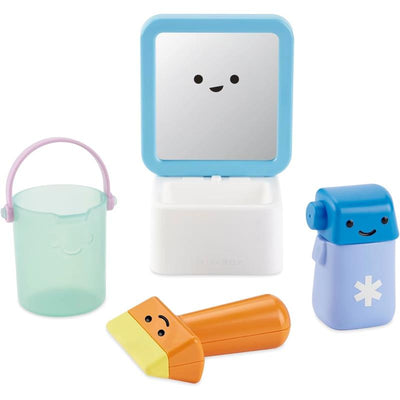 Skip Hop Baby Bath Toy set featuring a smiling mirror, a teal bucket, an orange scraper, and a blue character with a white star.