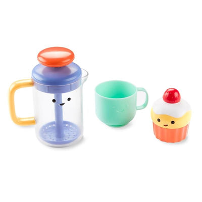 Bath toy set featuring a smiling coffee press, a cheerful cup, and a cupcake, designed for playful bath time fun.