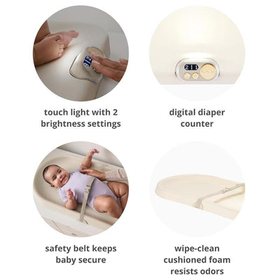Baby changing pad with touch light, digital diaper counter, safety belt, and wipe-clean foam, in oatmeal color.
