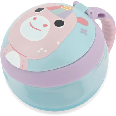 Skip Hop Baby Snack Container in the shape of a unicorn, featuring pastel colors and a playful face, designed for snacks.