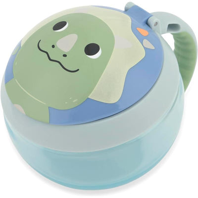 Skip Hop Dino snack container featuring a cheerful dinosaur design, with a blue and green color scheme and a secure lid.